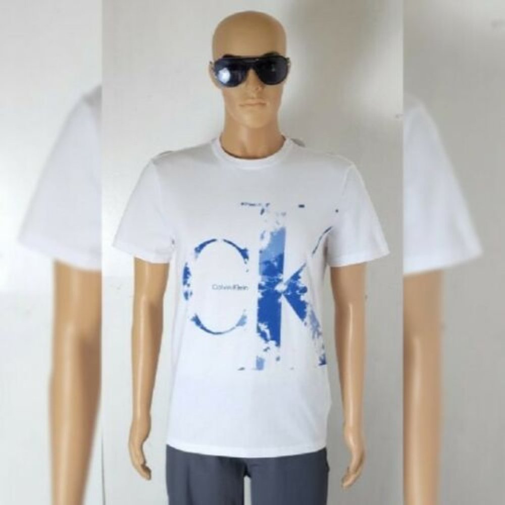 CALVIN KLEIN TSHIRTS MEN SHORT SLEEVE CREW NECK "CK"LARGE LOGO DESIGN WHITE